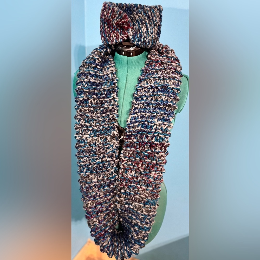 Handmade Hand Crafted Knit Twist Headband infinity scarf set gray blue red
